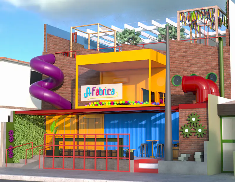 Fachada da Fábrica no projeto 3D: térreo, 2º andar com a piscina de bolinhas à vista, terraço com pergolado e o escorregador espiral roxo na lateral
